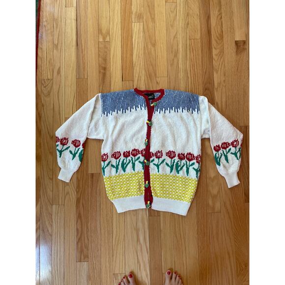 Vintage Sweaters - Vintage 90's Cardigan, Floral, Size Large Made in USA, Ceramic buttons
